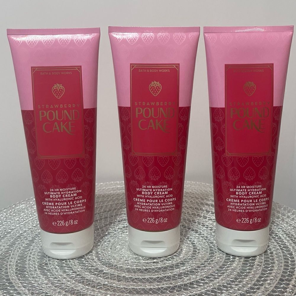 BBW Strawberry Pound Cake Body Cream set of 3 NWT